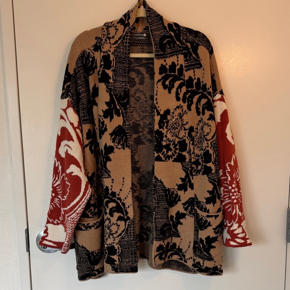 Anthropologie Tan and Black Cardigan with Burnt Orange Accents